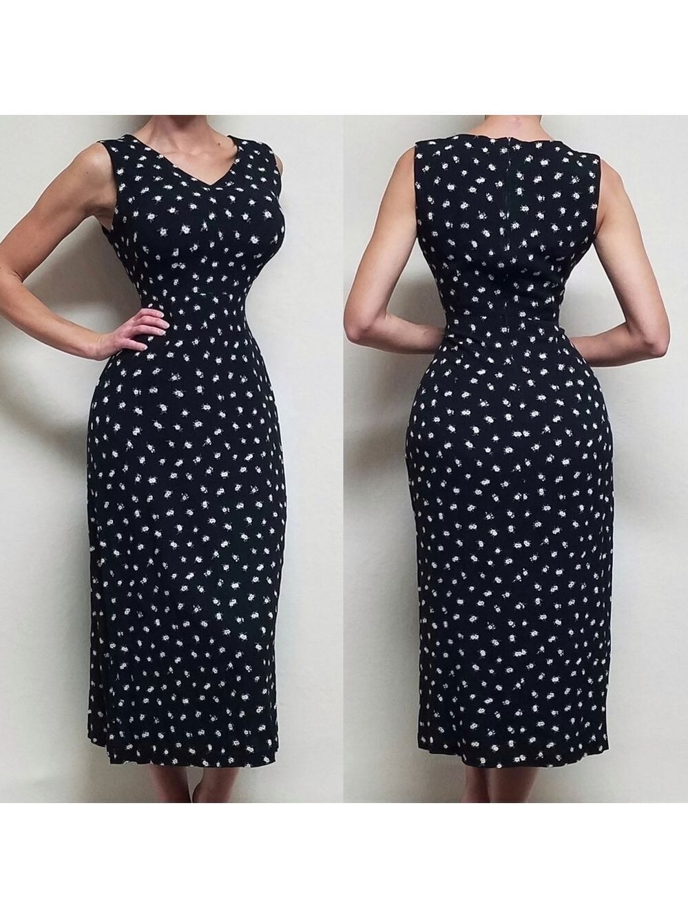 Vintage 80s Allison-Che Black White Ditsy Floral V-neck Sleeveless Midi Dress 12